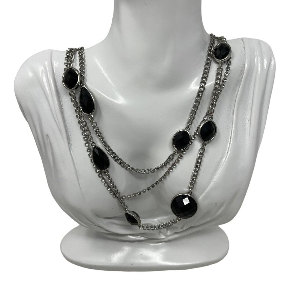 Three Strand Necklace Black Acrylic Bead Stations Rhinestone‎ Silver Tone